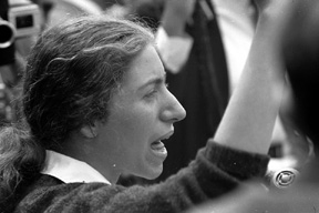 Bettina Apthecker speaks at Filthy Speech Movement rally, 1965.
