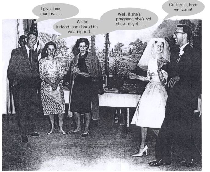This professional photo of my wedding reception in Lakeland always amused the hell out of me because of the expressions on the guests pictured, my parent's next door neighbors, whose opinions my mother had clobbered me over the head with for years, saying, "What will the neighbors think?" In later years, I could not resist making it into a cartoon. 
